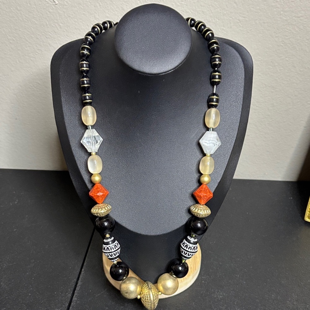 Mixed Stone Acrylic Beaded Statement Black Gold Orange Necklace